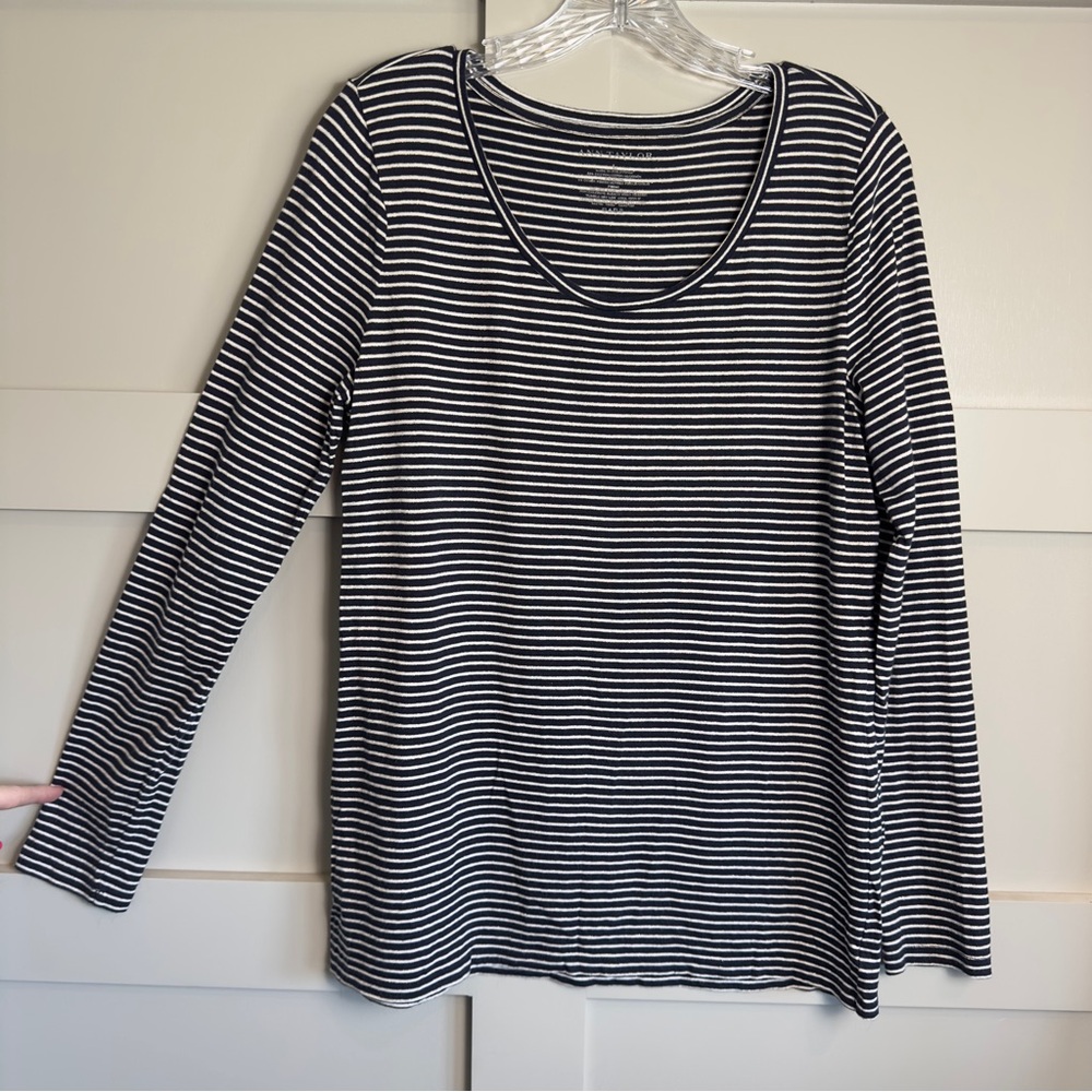 Ann Taylor Women Shirt Top Large Blue White Stripe Gold Shimmer Threads Cotton